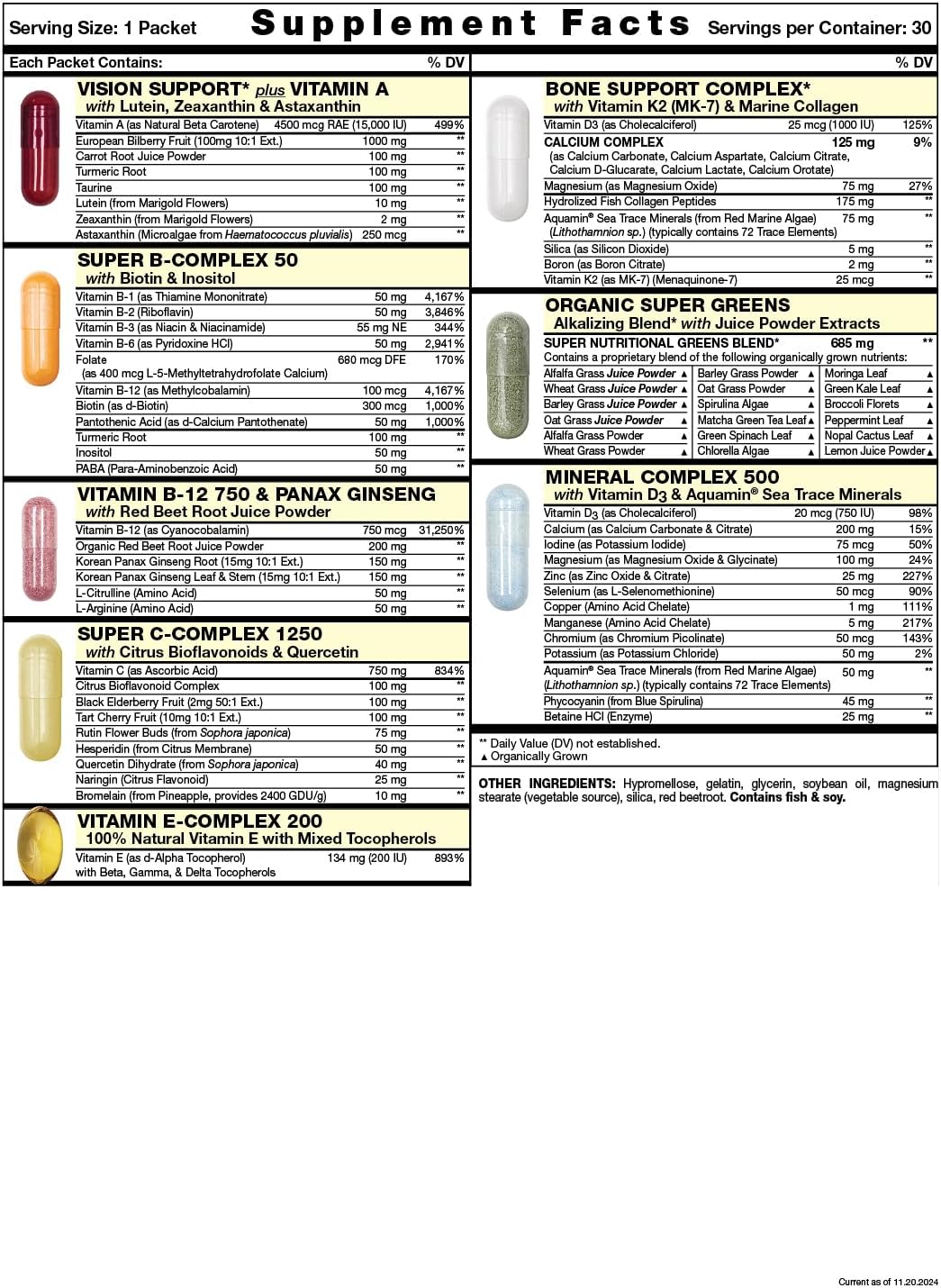 Energy & Essentials Daily Vitamin Pack | Vitamin A, B, C, D, E, B12, Biotin, Minerals, Calcium, Magnesium, Zinc | Super Greens | 30 Packets