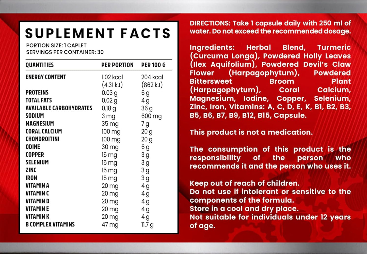 Energy Red Ultimate Joint Support with Extra Magnesium, Zinc, Selenio, B Vitamins, Chondroitin - Vegan, Non-GMO, 30 Capsules