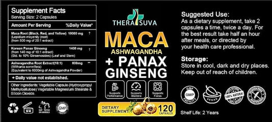 Energy, Stamina, and Stress Support Supplement - TheraSuva 3 in 1 Ashwagandha, Maca Root, Panax Ginseng - 120 Softgels
