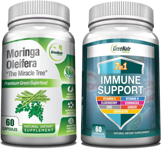 Energy Support & Immune Defense Bundle: Pure Moringa Oleifera Leaf Extract Capsules (1000 mg) + 7-in-1 Immune Support Formula