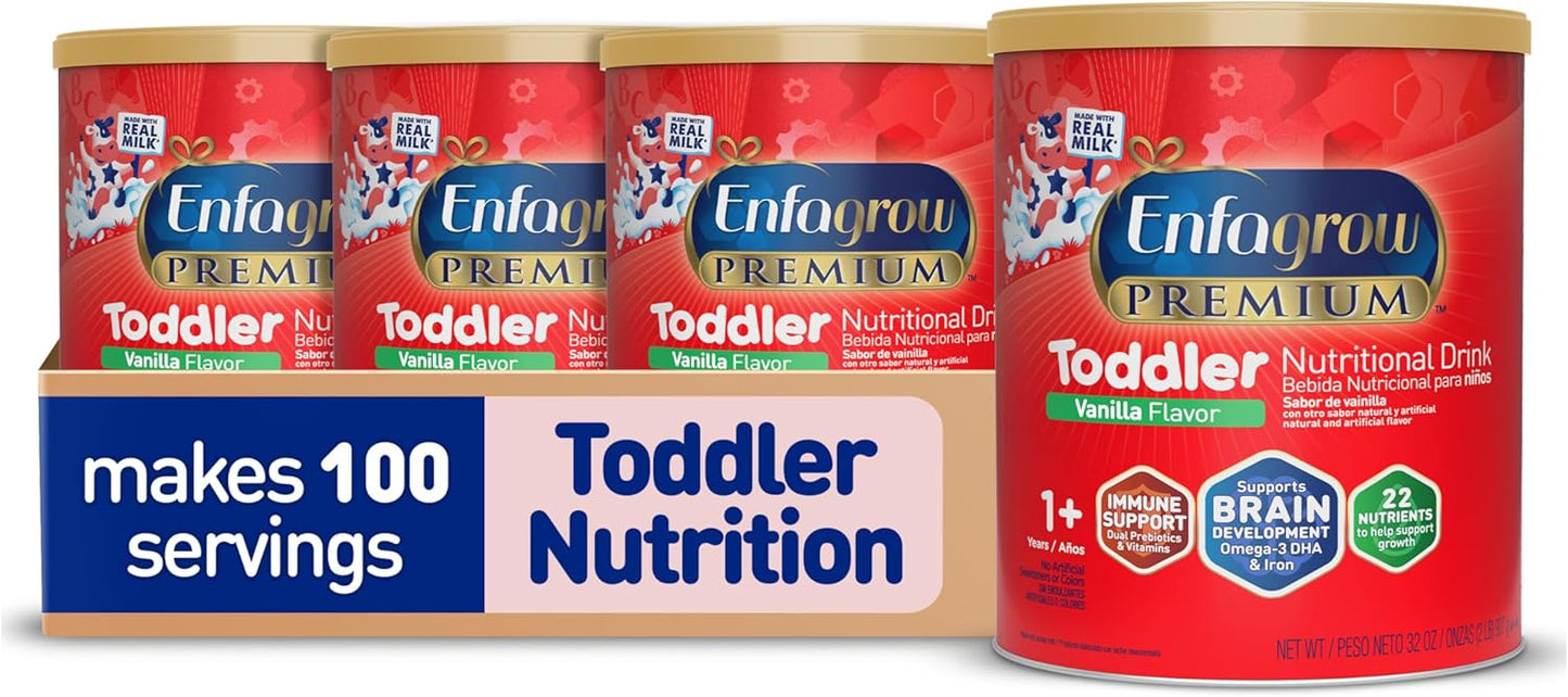 Enfagrow Premium Toddler Nutritional Drink, Vanilla Flavor, 32 Oz Canister, Pack of 4, with Omega-3 DHA, Prebiotics, and Vitamins for Brain and Immune Support