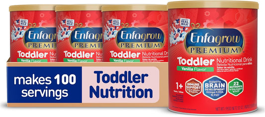 Enfagrow Premium Toddler Nutritional Drink, Vanilla Flavor, 32 Oz Canister, Pack of 4, with Omega-3 DHA, Prebiotics, and Vitamins for Brain and Immune Support