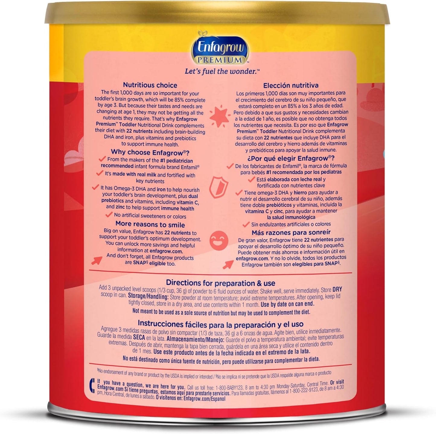 Enfagrow Premium Toddler Nutritional Drink, Vanilla Flavor, 32 Oz Canister, Pack of 4, with Omega-3 DHA, Prebiotics, and Vitamins for Brain and Immune Support