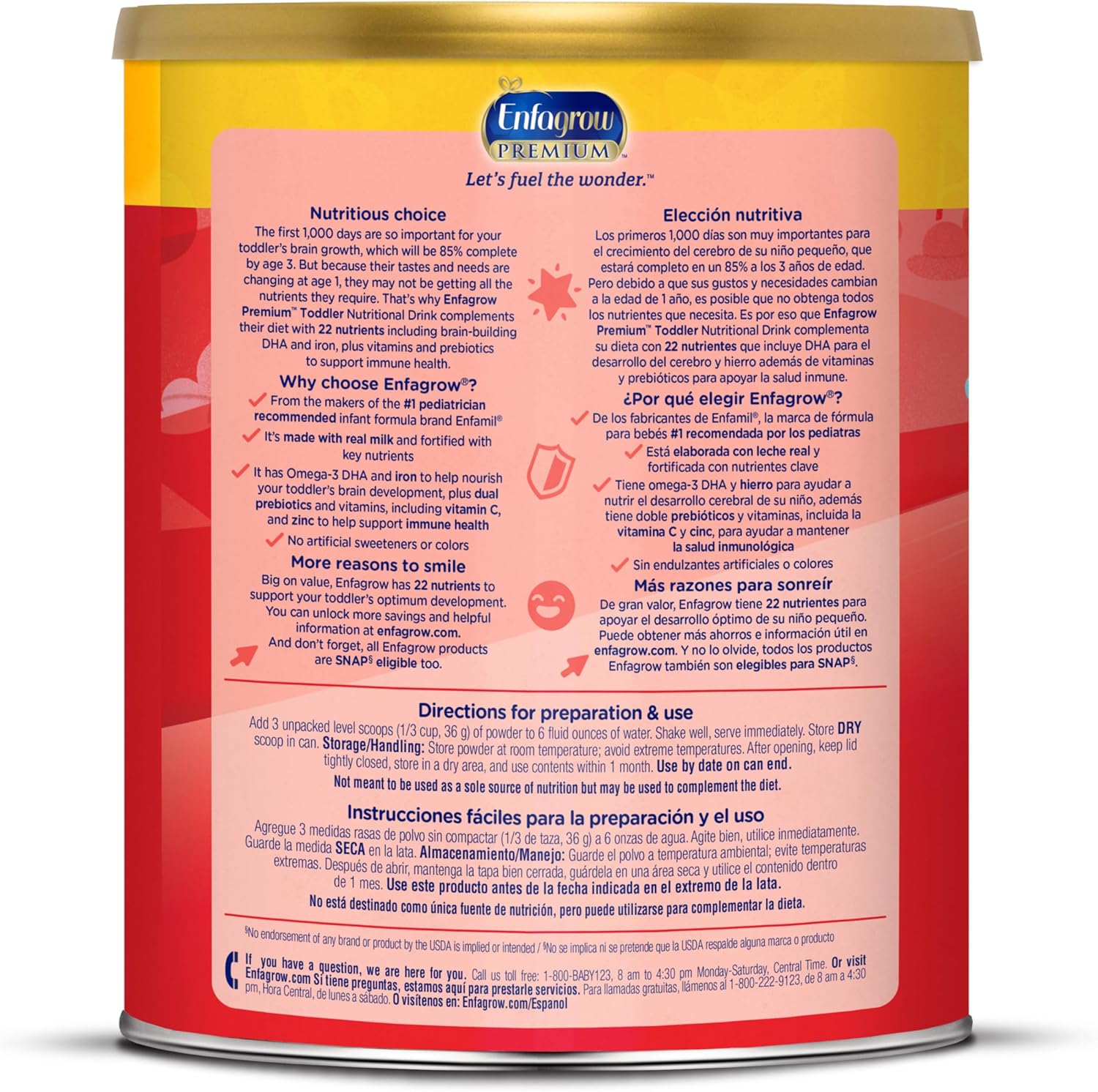 Enfagrow Premium Toddler Nutritional Drink, Vanilla Flavor, 32 Oz Canister, Pack of 4, with Omega-3 DHA, Prebiotics, and Vitamins for Brain and Immune Support