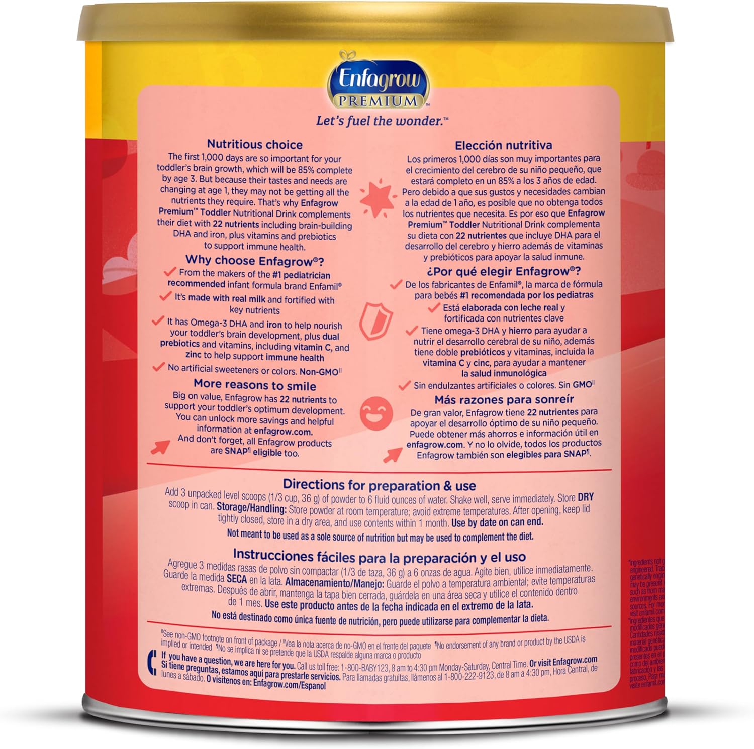 Enfagrow Premium Toddler Nutritional Drink, Vanilla Flavor, 32 Oz Canister, Pack of 4, with Omega-3 DHA, Prebiotics, and Vitamins for Brain and Immune Support