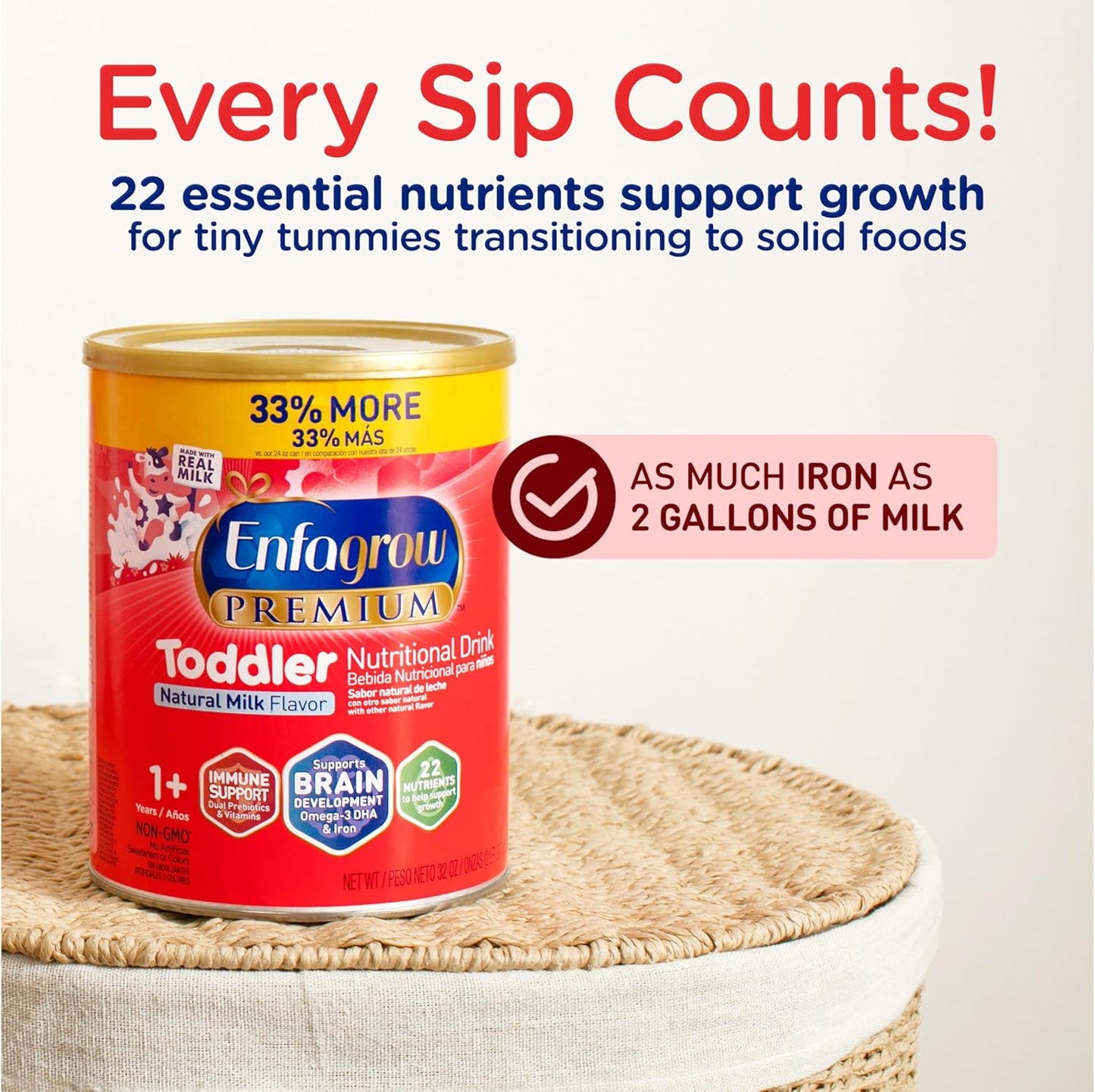 Enfagrow PREMIUM Toddler Nutritional Drink with Real Milk, Omega-3 DHA, Prebiotics, Non-GMO Powder - 24 Oz Can