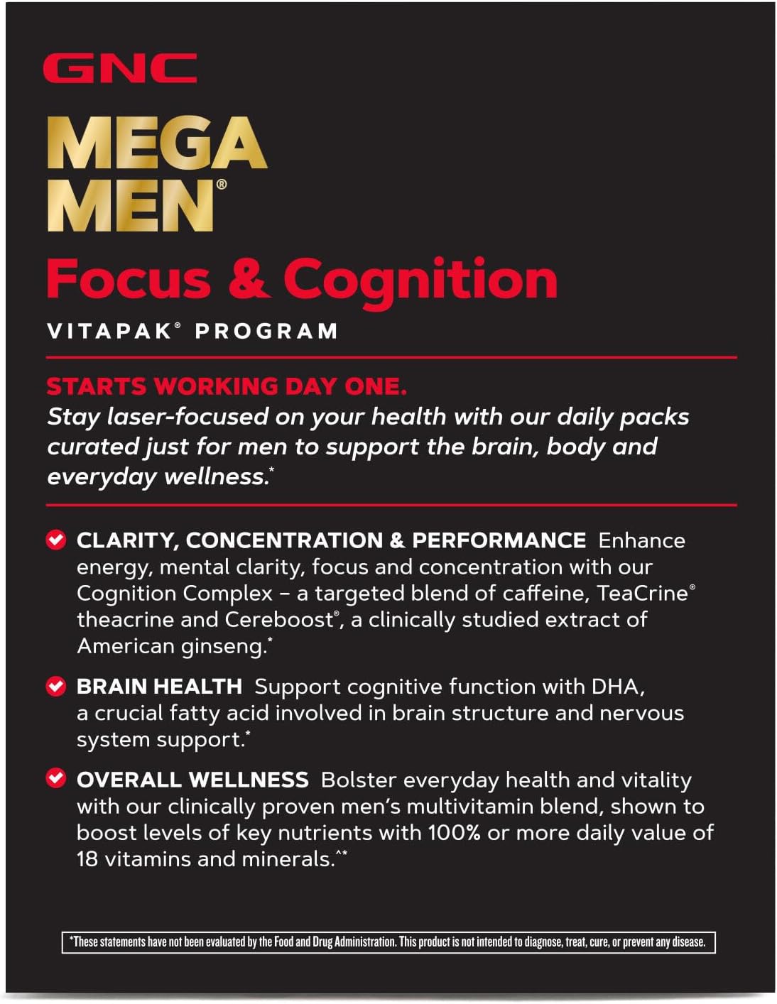Enhance Focus & Cognition with GNC Mega Men Vitapak Program - 30 Servings