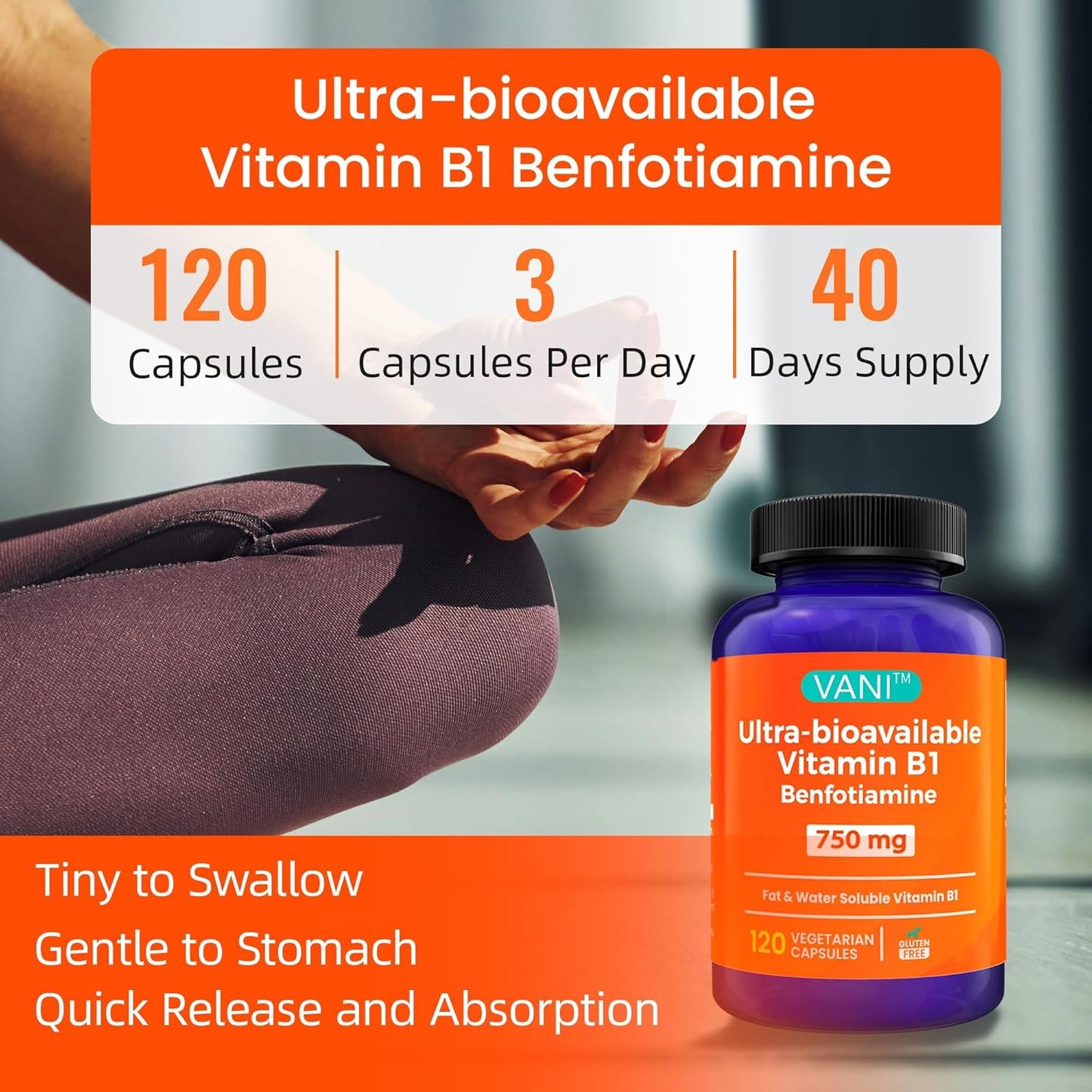 Enhanced Formula VANI Vitamin B1 Supplement with 750mg Benfotiamine - 2 in 1 Fat & Water Soluble Thiamine | 120 Capsules (Gluten Free)