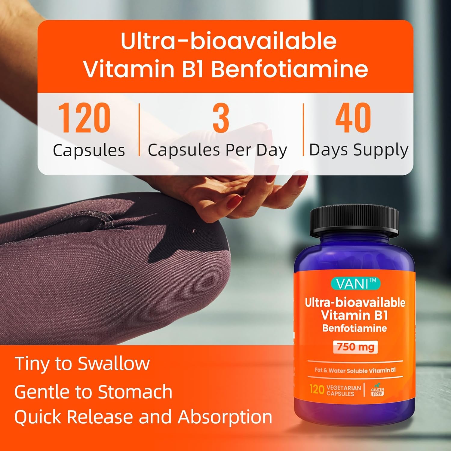 Enhanced Formula VANI Vitamin B1 Supplement with 750mg Benfotiamine - 2 in 1 Fat & Water Soluble Thiamine | 120 Capsules (Gluten Free)