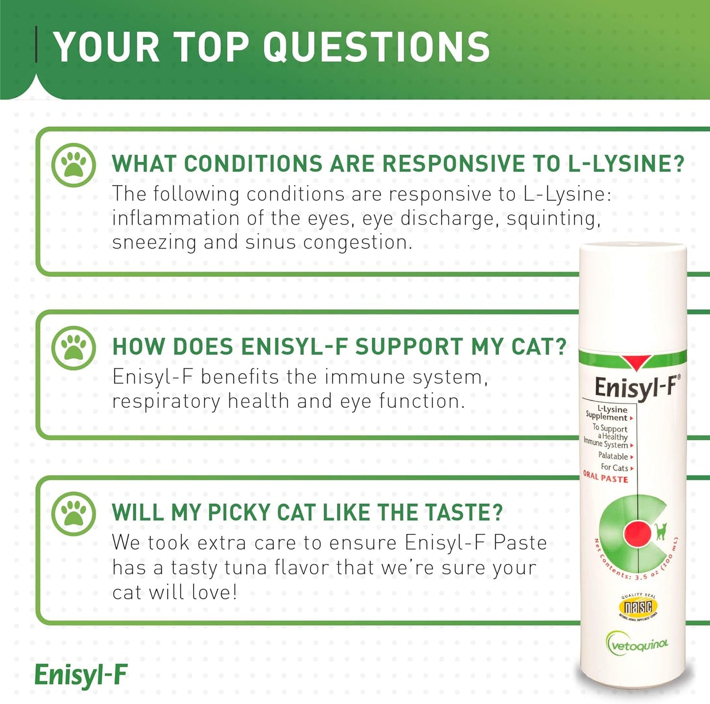 Enisyl-F L-Lysine Oral Paste for Cats - Tuna Flavor, 3.5oz Pump - Vetoquinol Supplement