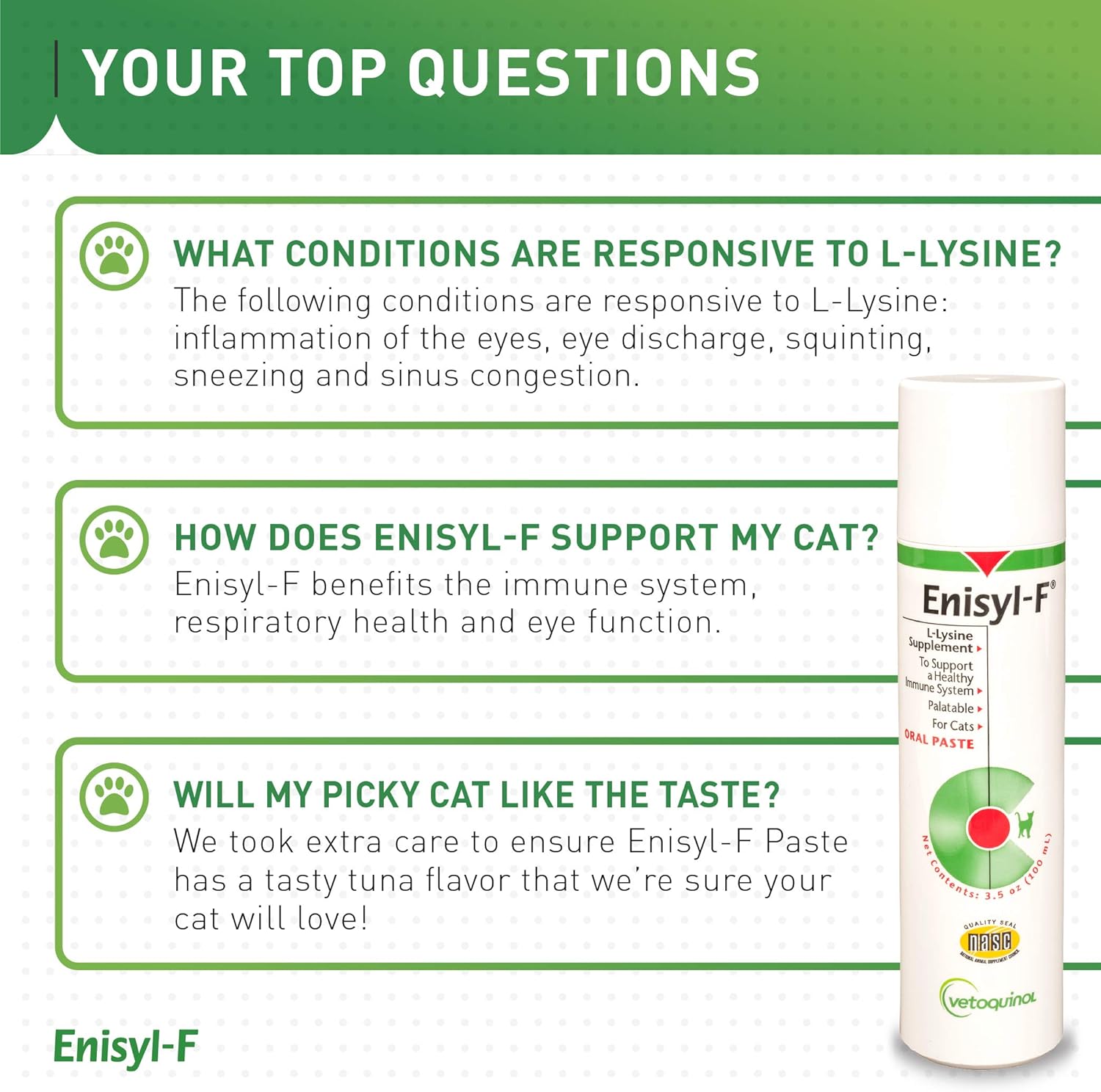 Enisyl-F L-Lysine Oral Paste for Cats - Tuna Flavor, 3.5oz Pump - Vetoquinol Supplement