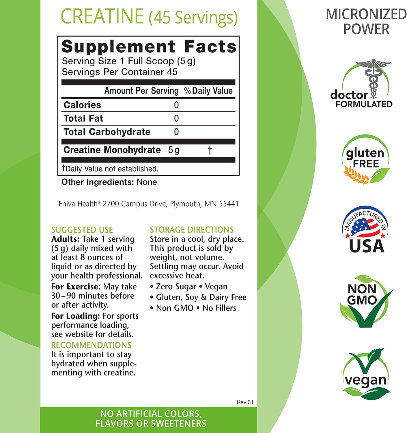 Eniva Health Creatine Monohydrate Powder - 5g, 7.9 oz - Muscle Support & Growth - Cellular Energy & Focus - Pharmaceutical Grade - 45 Servings