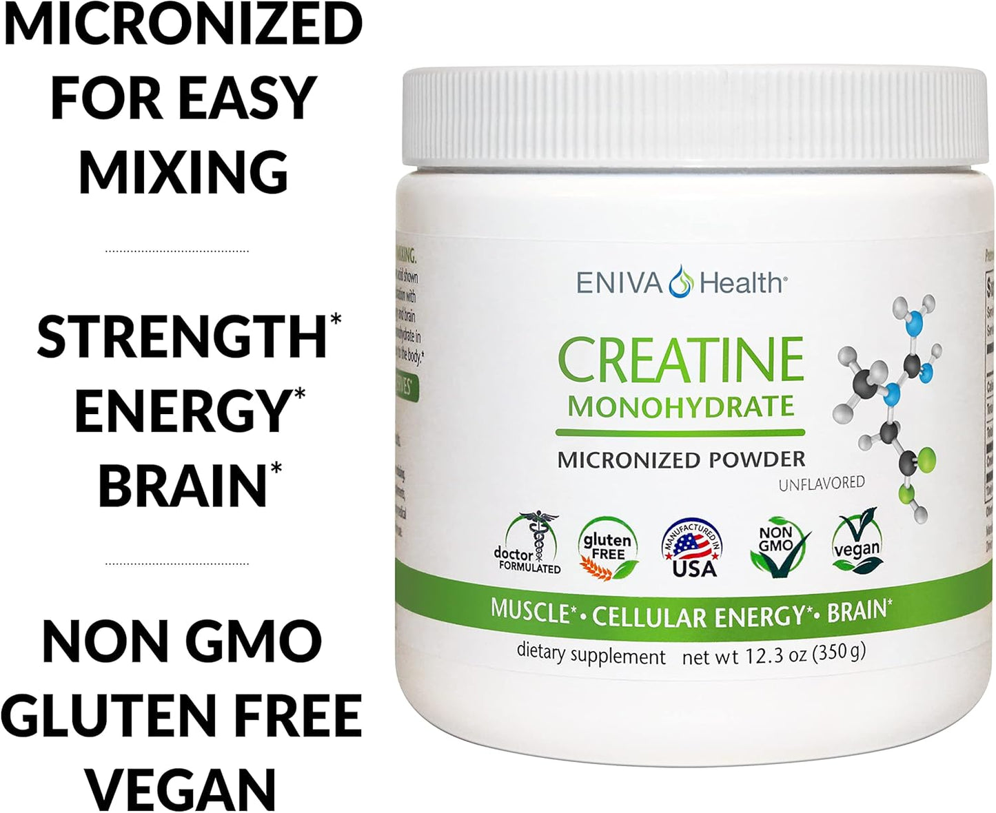 Eniva Health Creatine Monohydrate Powder - 5g, 7.9 oz - Muscle Support & Growth - Cellular Energy & Focus - Pharmaceutical Grade - 45 Servings