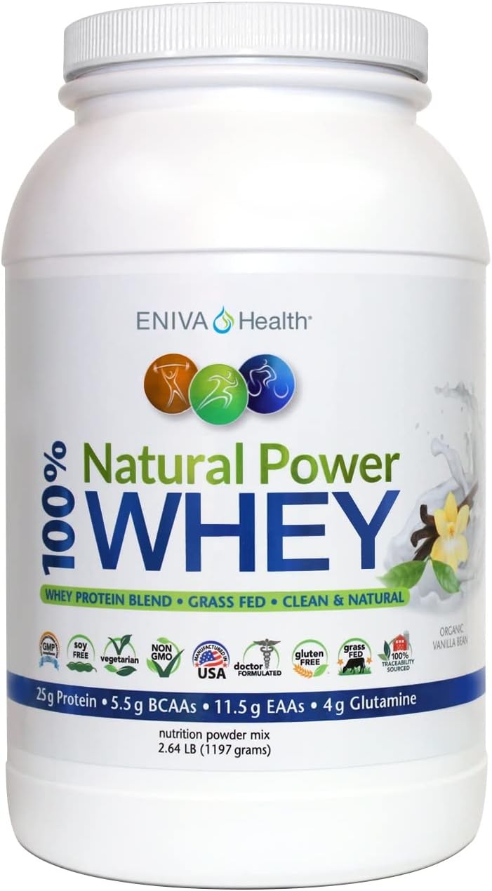 Eniva Health Grass Fed Whey Protein Powder - Organic Vanilla Flavor - Keto-Friendly - High Protein - Low Carb - Gluten Free - Non GMO - Soy Free - USA Made - 2.64 lbs