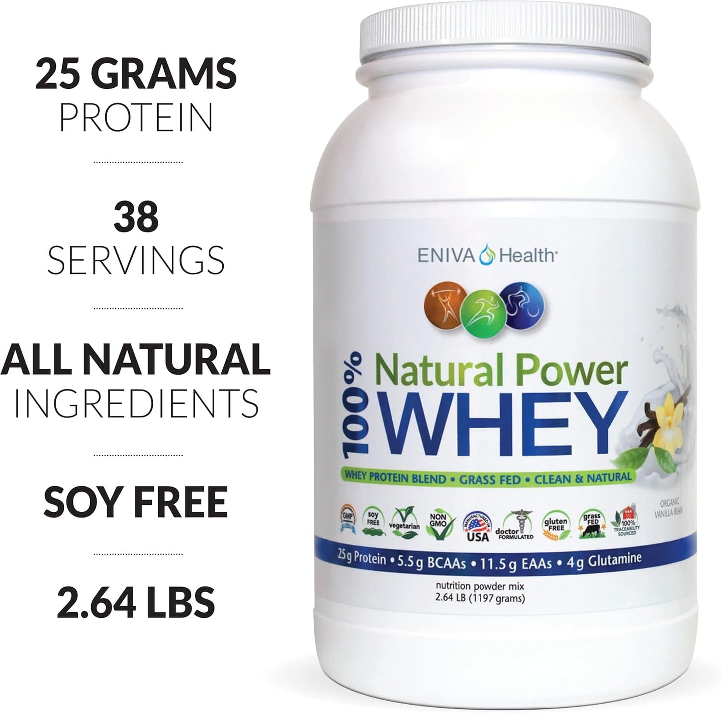 Eniva Health Grass Fed Whey Protein Powder - Organic Vanilla Flavor - Keto-Friendly - High Protein - Low Carb - Gluten Free - Non GMO - Soy Free - USA Made - 2.64 lbs