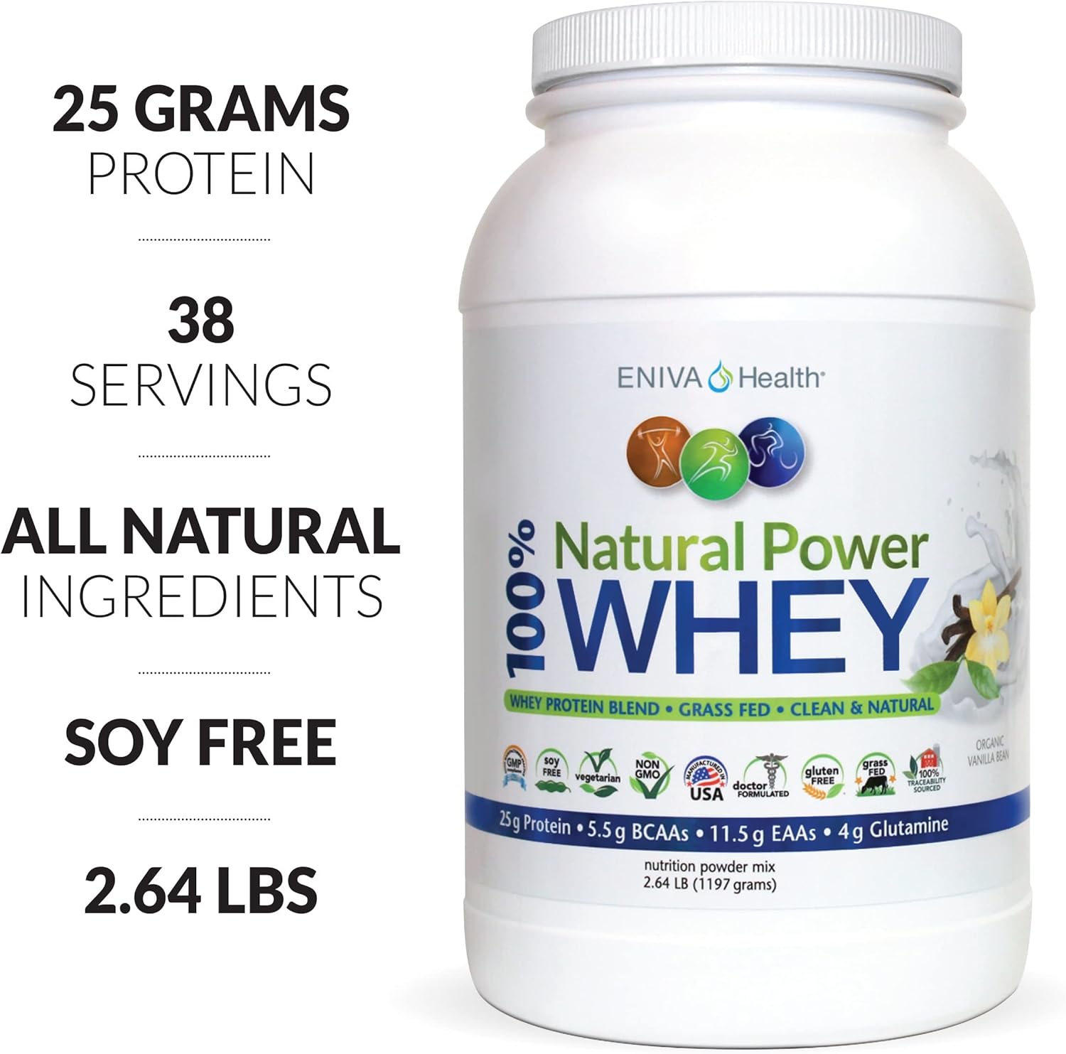 Eniva Health Grass Fed Whey Protein Powder - Organic Vanilla Flavor - Keto-Friendly - High Protein - Low Carb - Gluten Free - Non GMO - Soy Free - USA Made - 2.64 lbs