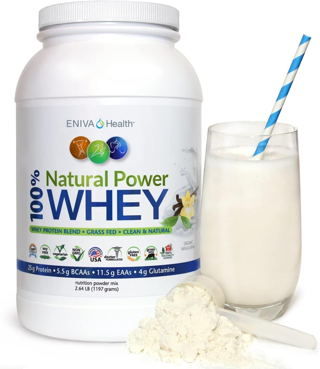 Eniva Health Grass Fed Whey Protein Powder - Organic Vanilla Flavor - Keto-Friendly - High Protein - Low Carb - Gluten Free - Non GMO - Soy Free - USA Made - 2.64 lbs