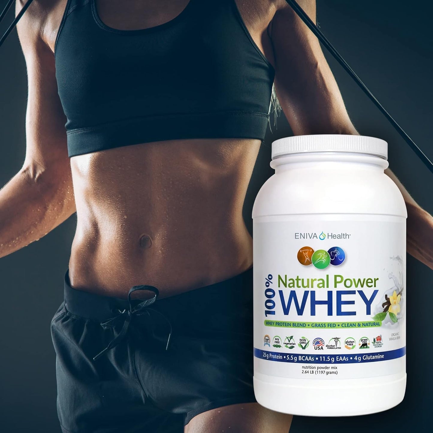 Eniva Health Grass Fed Whey Protein Powder - Organic Vanilla Flavor - Keto-Friendly - High Protein - Low Carb - Gluten Free - Non GMO - Soy Free - USA Made - 2.64 lbs