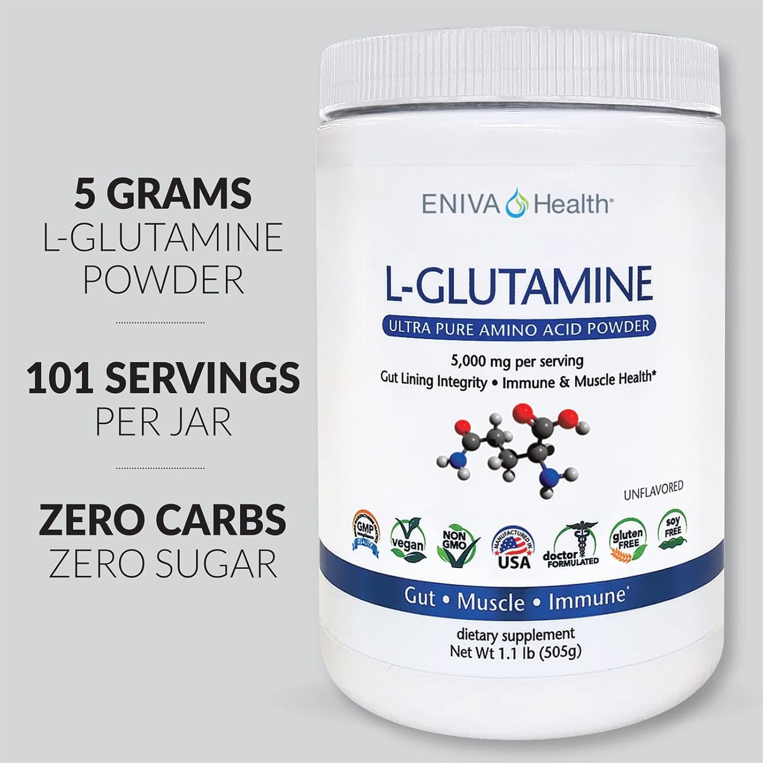 Eniva Health L-Glutamine Powder - Vegan, Gluten-Free, Non-GMO | Doctor-Formulated for Gut Health, Muscle Support, Immune System - 101 Servings