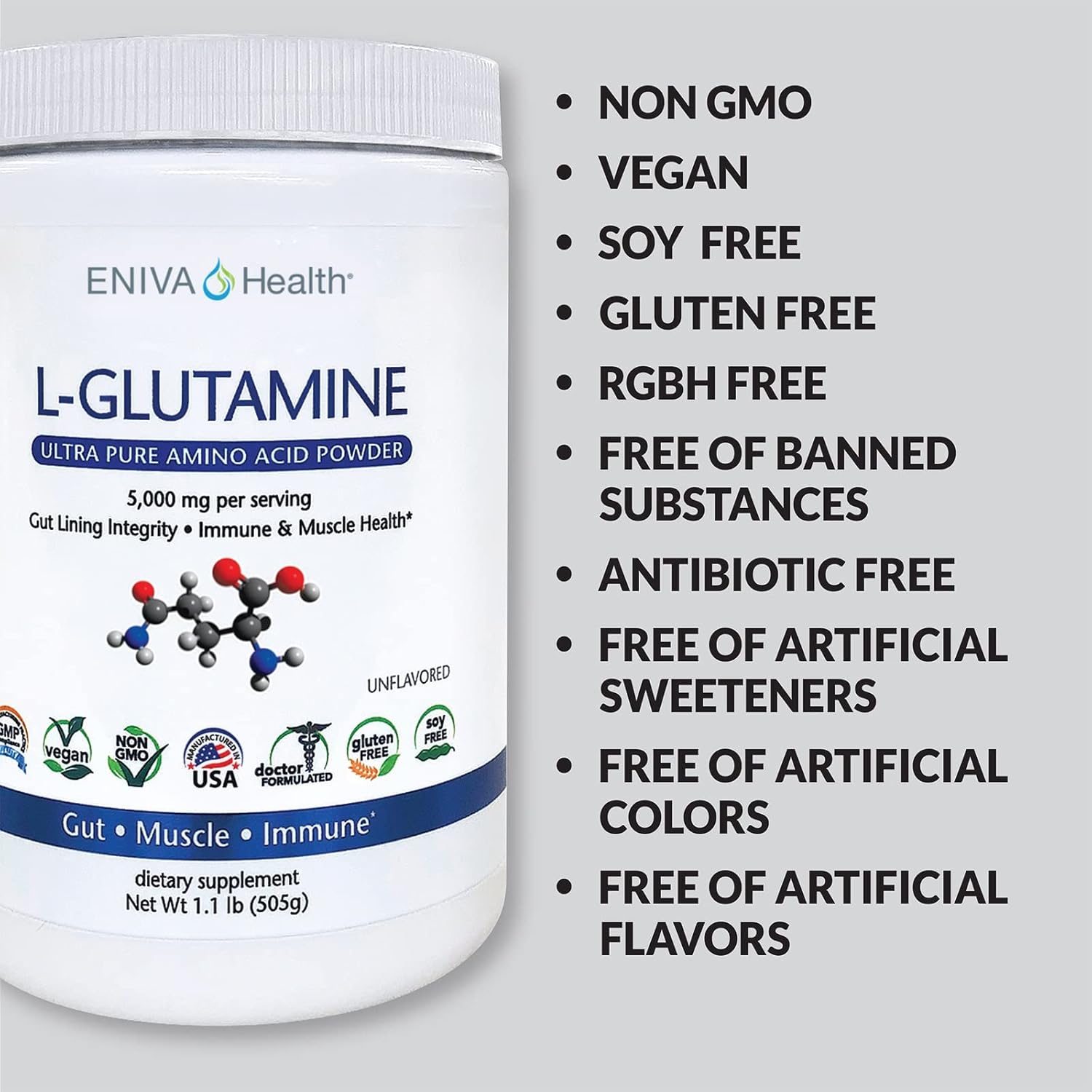Eniva Health L-Glutamine Powder - Vegan, Gluten-Free, Non-GMO | Doctor-Formulated for Gut Health, Muscle Support, Immune System - 101 Servings