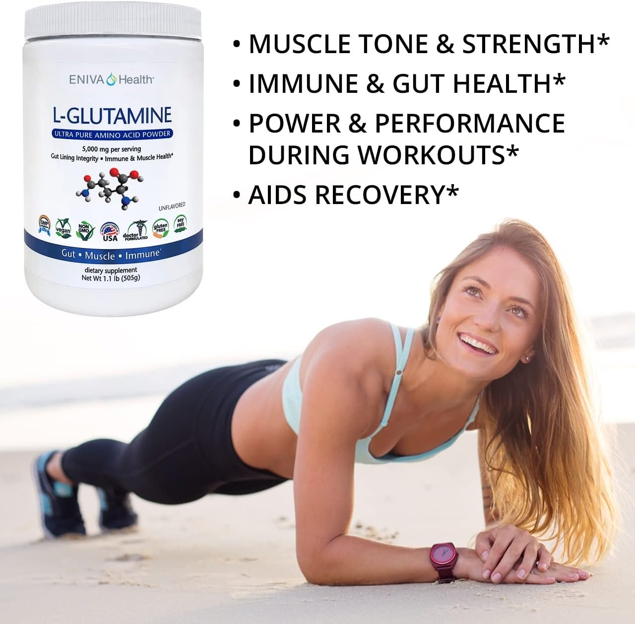 Eniva Health L-Glutamine Powder - Vegan, Gluten-Free, Non-GMO | Doctor-Formulated for Gut Health, Muscle Support, Immune System - 101 Servings