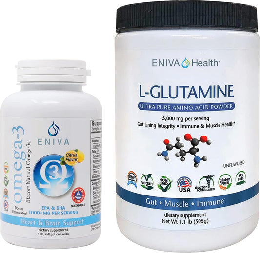 Eniva Health L-Glutamine Powder & Omega-3 Fish Oil Bundle - 1.1 lb Powder, 60 Capsules