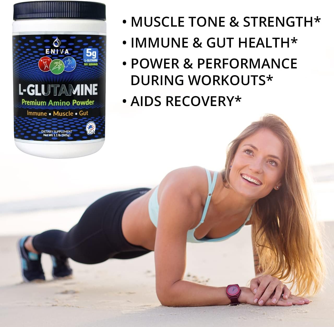 Eniva Health L-Glutamine Powder & Omega-3 Fish Oil Bundle - 1.1 lb Powder, 60 Capsules