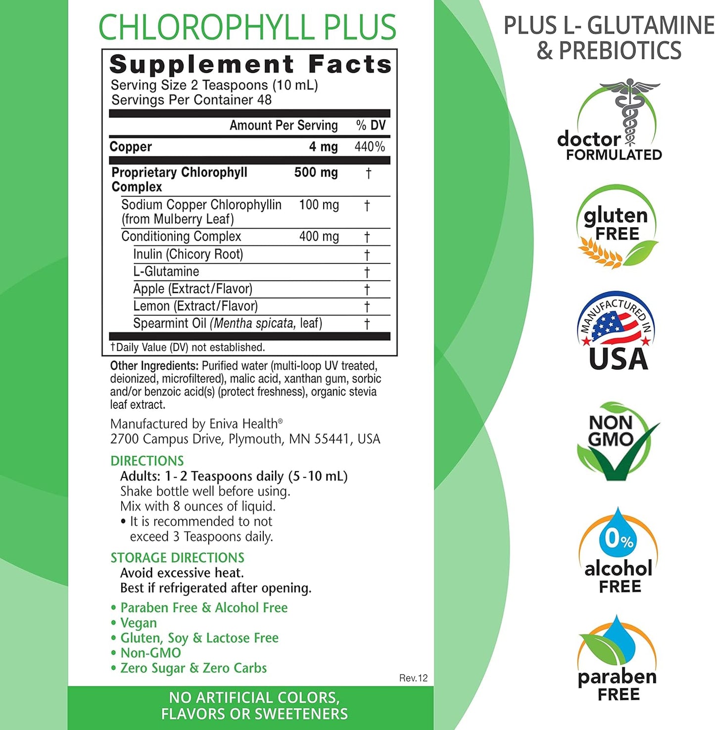Eniva Health Liquid Chlorophyll Super Greens Mint Flavor - 24K MG with Prebiotic & L-Glutamine for Skin, Immunity, Energy, Detox, Gut Health - Vegan, Gluten & Alcohol-Free - 48 Servings, USA Made