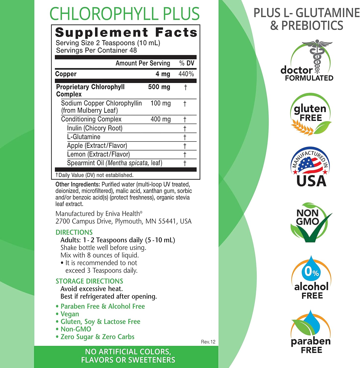 Eniva Health Liquid Chlorophyll Super Greens Mint Flavor - 24K MG with Prebiotic & L-Glutamine for Skin, Immunity, Energy, Detox, Gut Health - Vegan, Gluten & Alcohol-Free - 48 Servings, USA Made