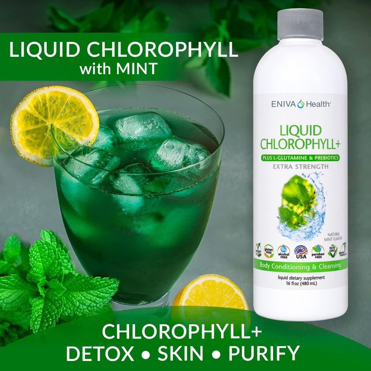 Eniva Health Liquid Chlorophyll Super Greens Mint Flavor - 24K MG with Prebiotic & L-Glutamine for Skin, Immunity, Energy, Detox, Gut Health - Vegan, Gluten & Alcohol-Free - 48 Servings, USA Made