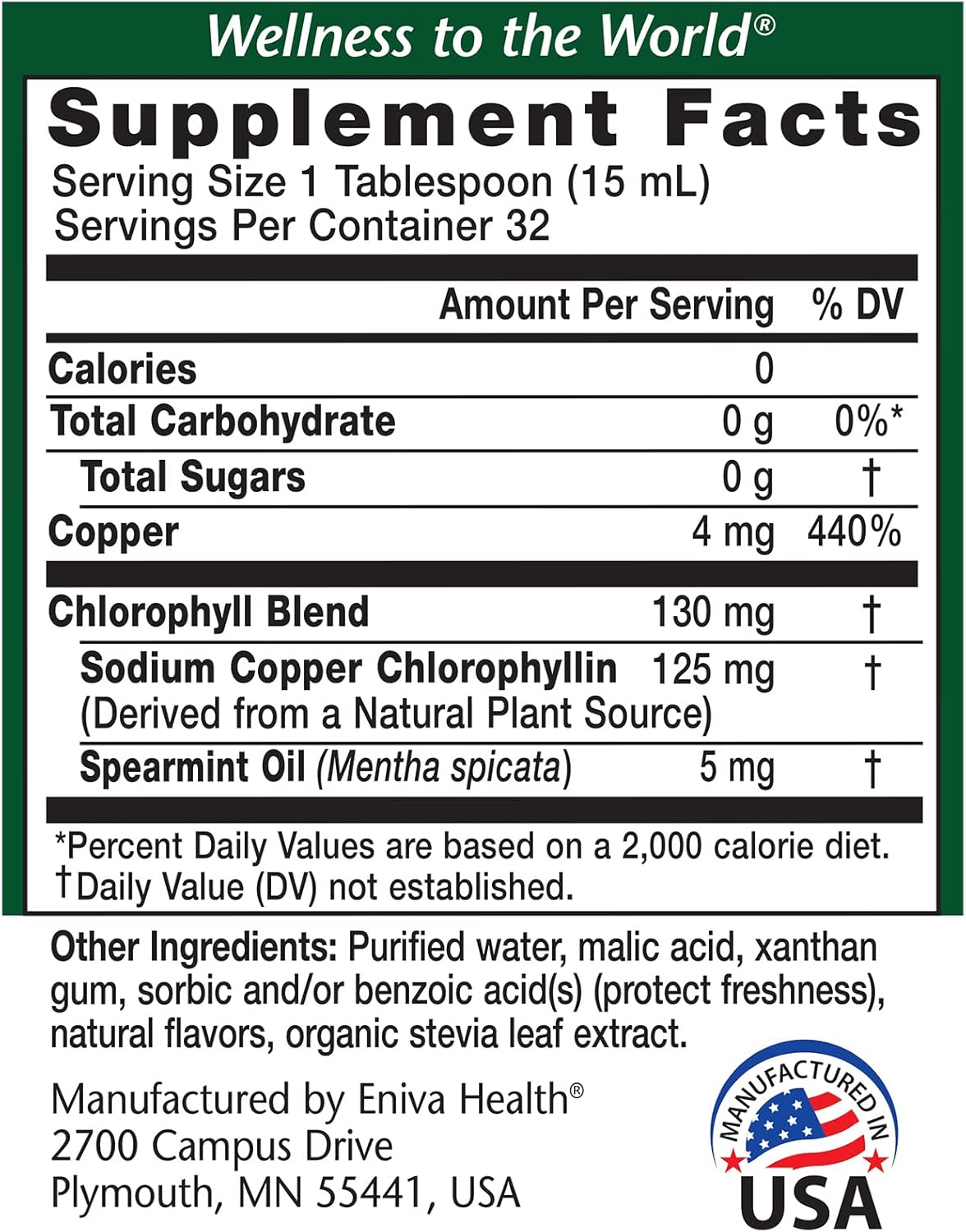 Eniva Health Liquid Chlorophyll: Vegan Formula for Immunity, Detox, Clear Skin, Energy, Gut Health, & Internal Deodorant - Made in USA - Mulberry Mint - 16 Fl Oz