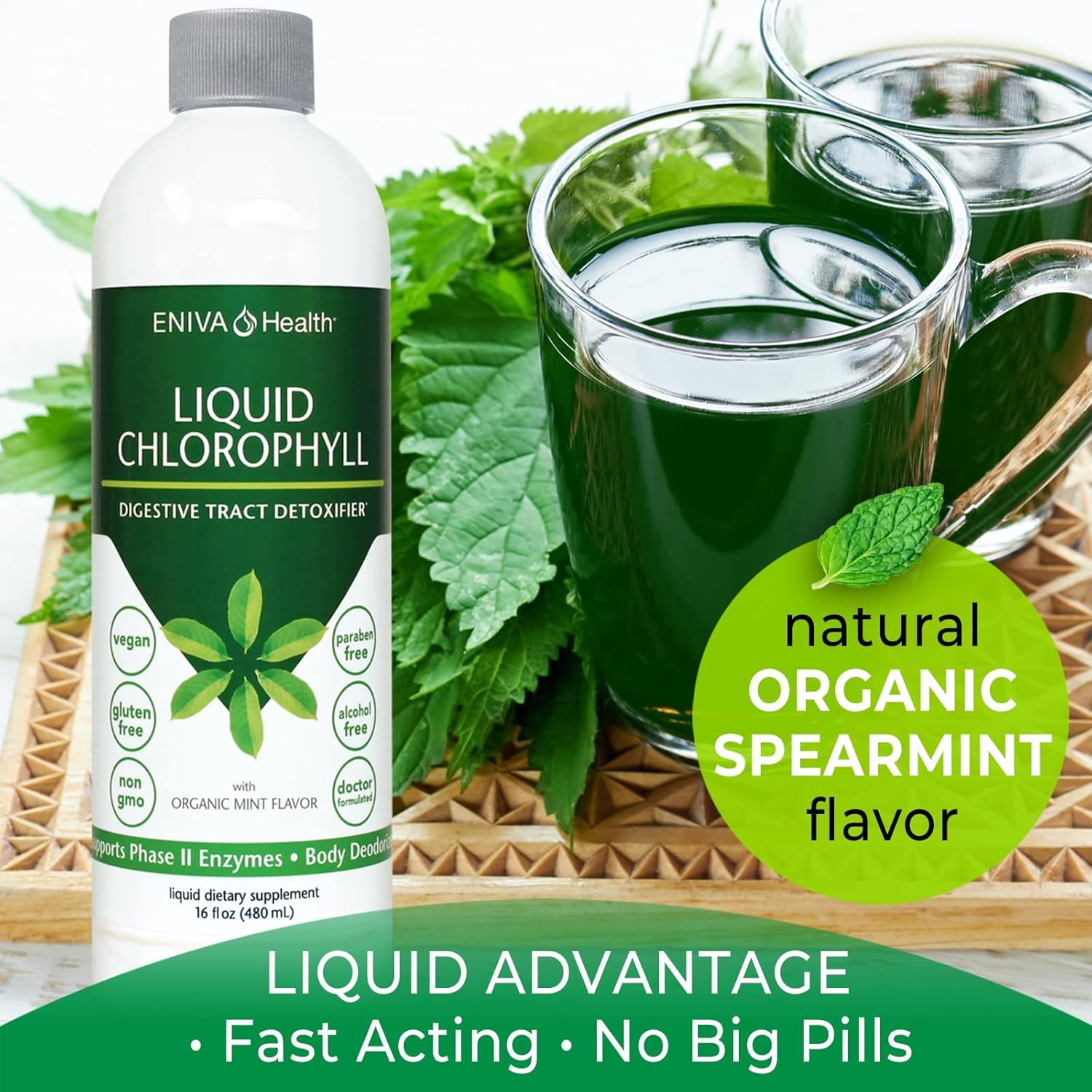 Eniva Health Liquid Chlorophyll: Vegan Formula for Immunity, Detox, Clear Skin, Energy, Gut Health, & Internal Deodorant - Made in USA - Mulberry Mint - 16 Fl Oz