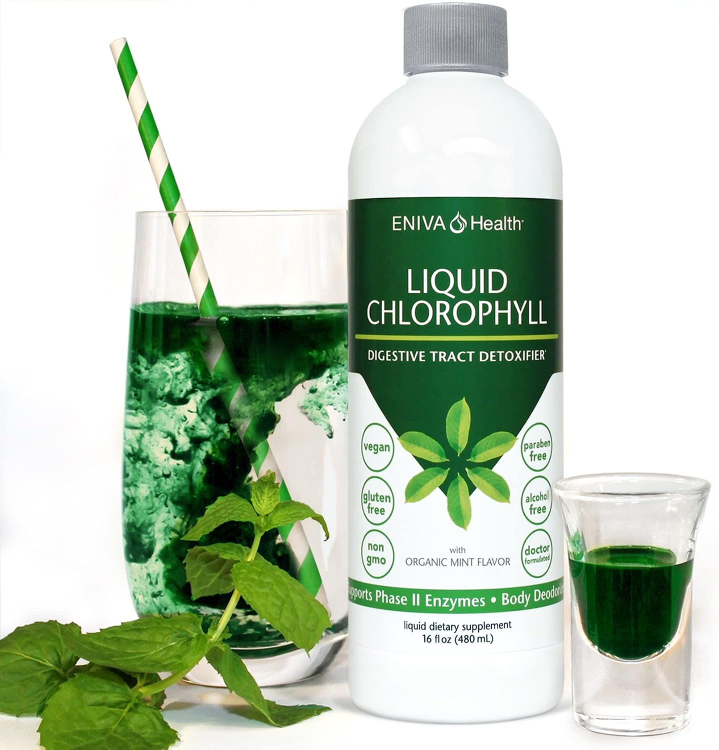 Eniva Health Liquid Chlorophyll: Vegan Formula for Immunity, Detox, Clear Skin, Energy, Gut Health, & Internal Deodorant - Made in USA - Mulberry Mint - 16 Fl Oz