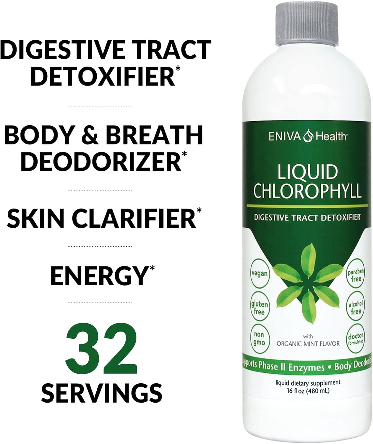 Eniva Health Liquid Chlorophyll: Vegan Formula for Immunity, Detox, Clear Skin, Energy, Gut Health, & Internal Deodorant - Made in USA - Mulberry Mint - 16 Fl Oz