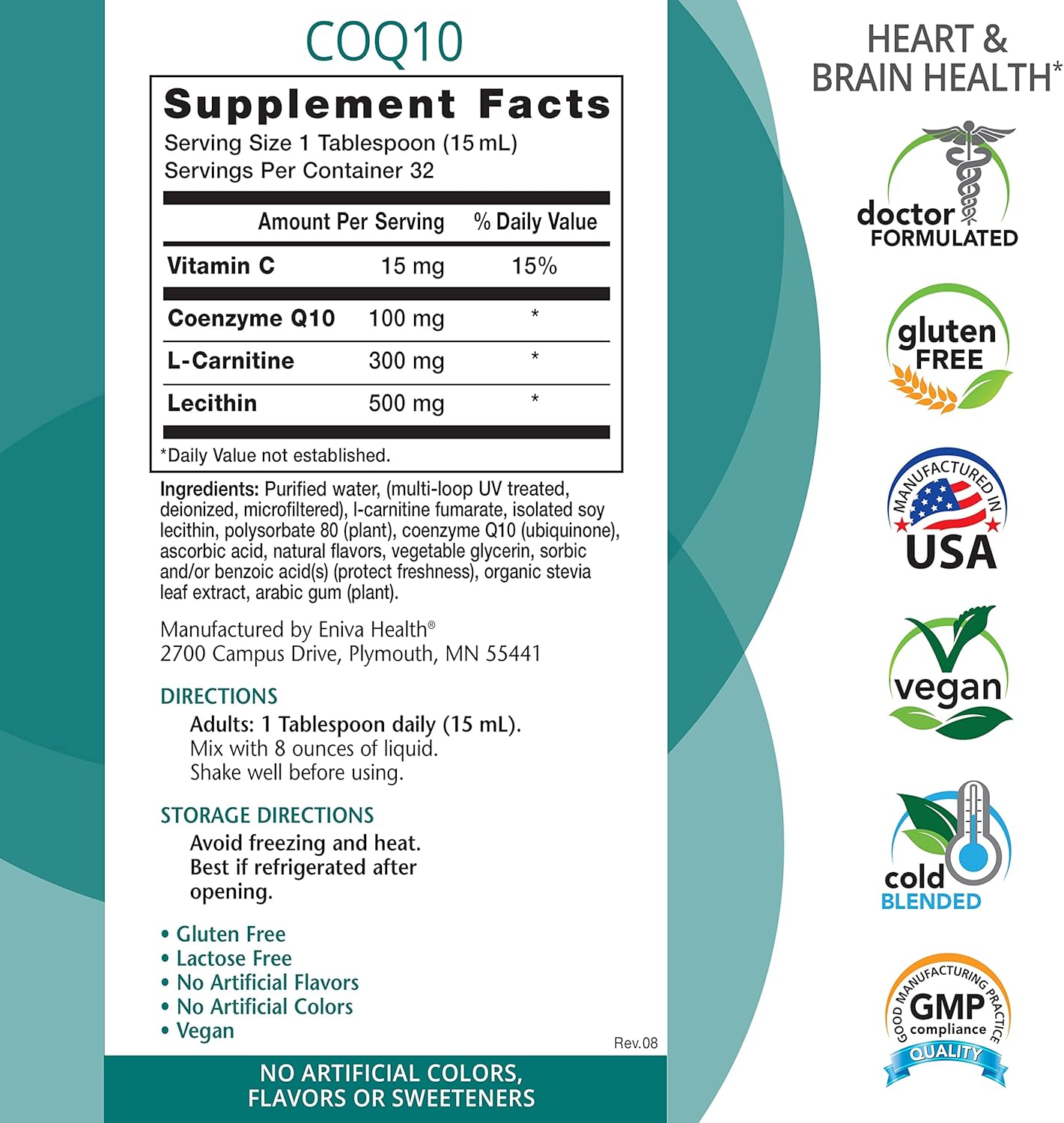 Eniva Health Liquid CoQ10 100mg (16oz) with L-Carnitine, Vitamin C, and Lecithin - Gluten Free, Zero Sugar, Keto Friendly Formula