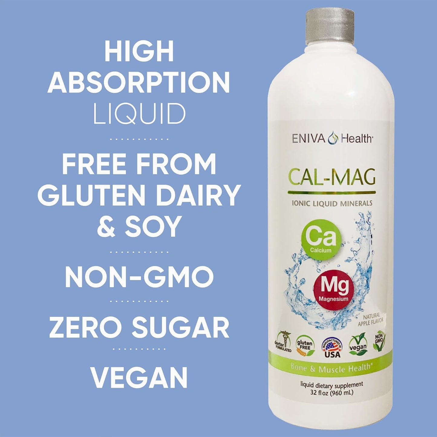 Eniva Health Liquid Ionic Calcium Magnesium Supplement for Strong Bones, Hair, Nails, and Body - Doctor Formulated, Zero Calories, Zero Sugar - 64 oz