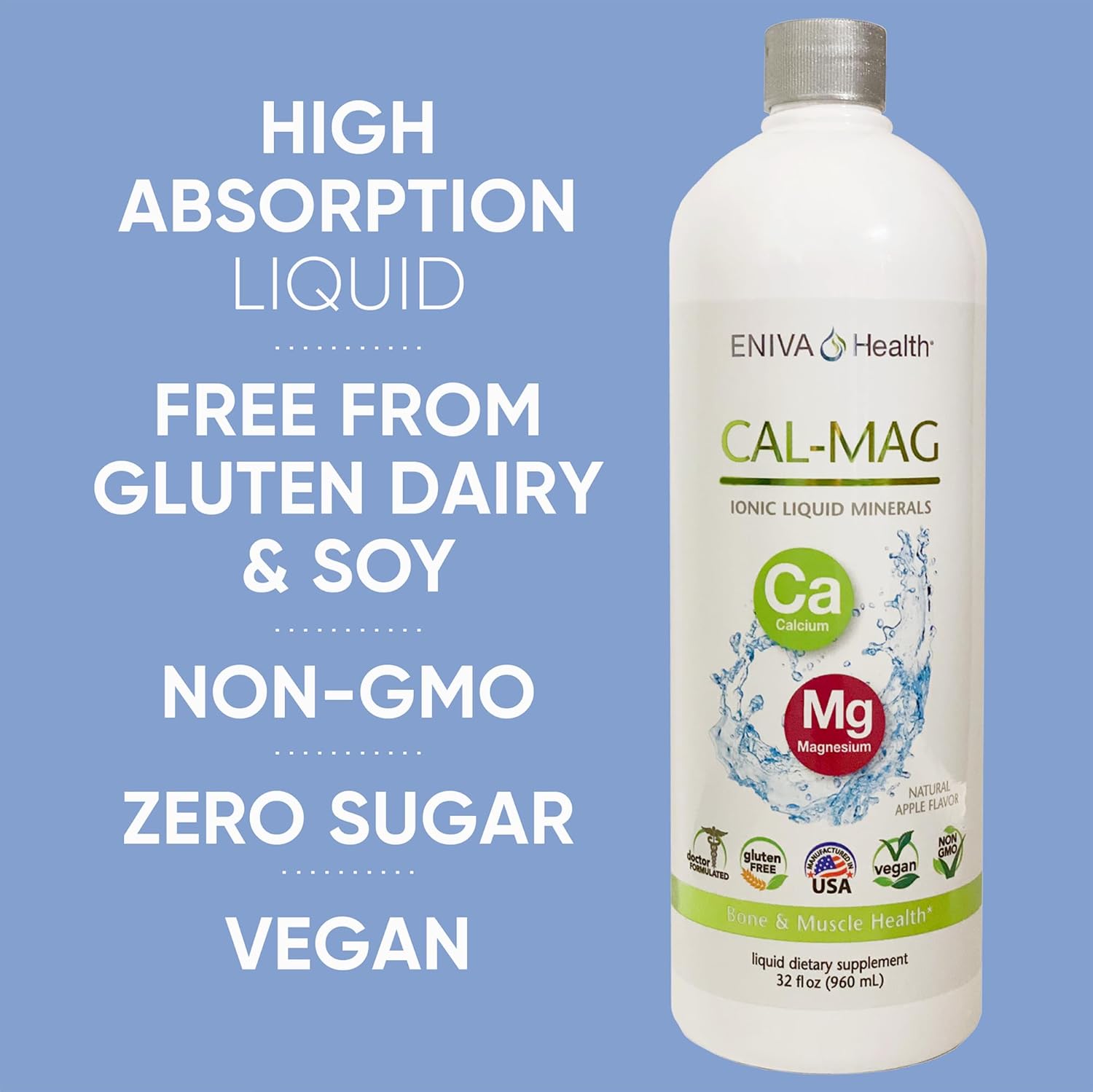 Eniva Health Liquid Ionic Calcium Magnesium Supplement for Strong Bones, Hair, Nails, and Body - Doctor Formulated, Zero Calories, Zero Sugar - 64 oz