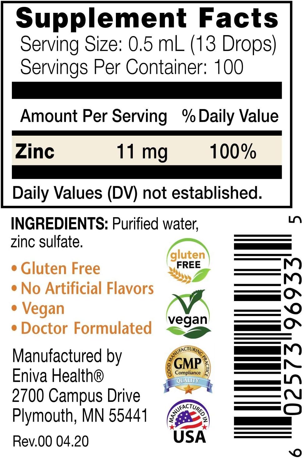 Eniva Health Liquid Zinc Supplement - Ultra Concentrated Drops for Immune Health - 1.7 oz.