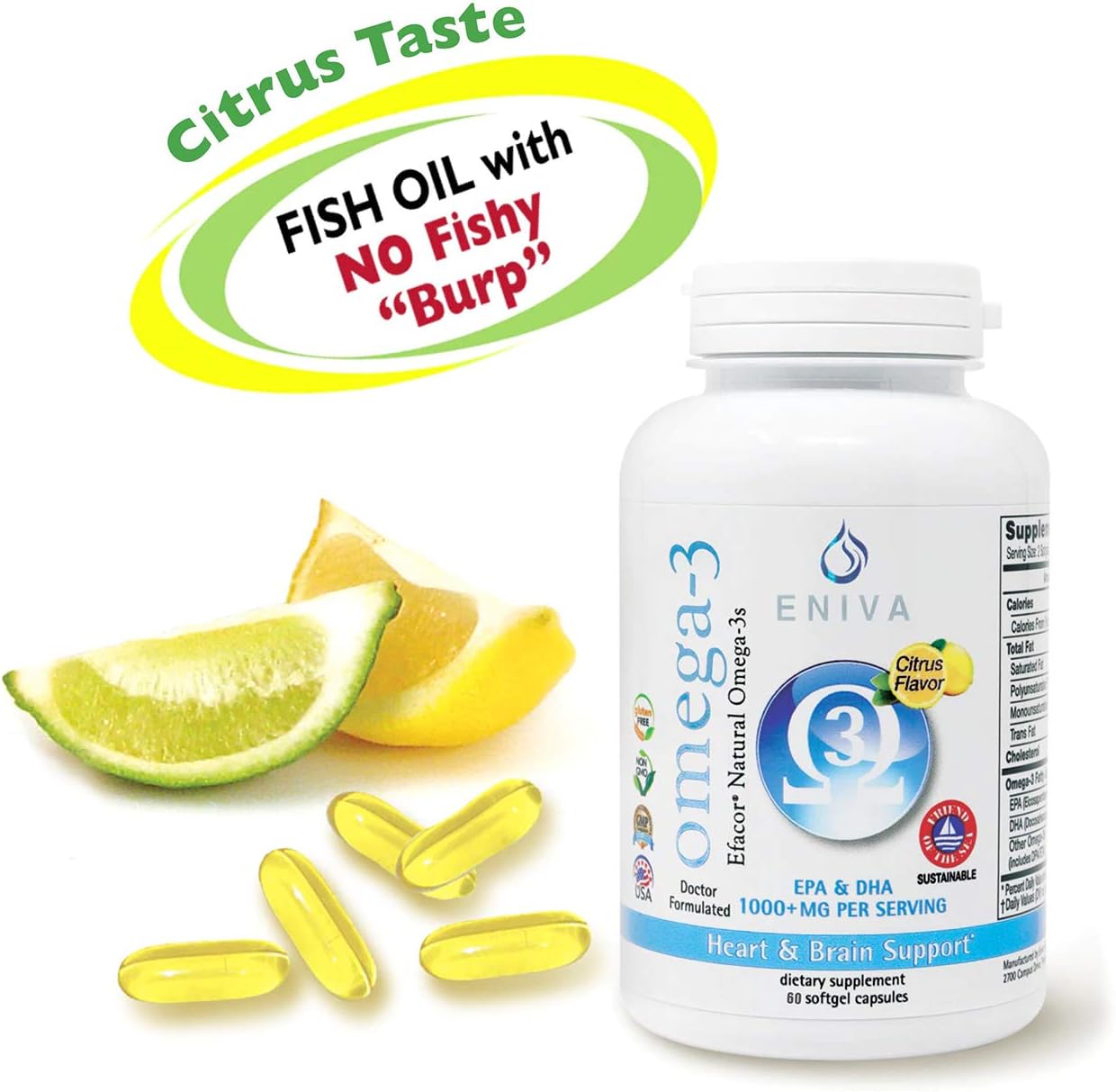 Eniva Health Omega-3 Fish Oil Capsules - High EPA/DHA Premium Daily Supplement for Heart, Brain, & Immune Support - 1120 MG - 120 Count