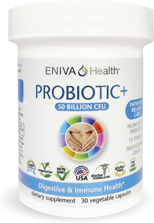 Eniva Health Probiotic with Prebiotic - 10 Strains, 50 Billion CFUs, 30 Capsules - Doctor Formulated, Patented Release - No Fillers