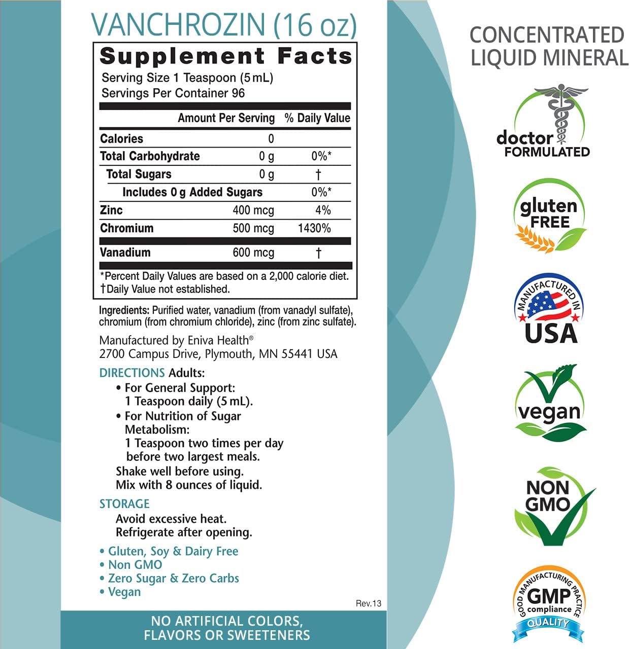 Eniva Health VANCHROZIN Liquid Ionic Minerals Supplement - Vanadium, Chromium, Zinc - Diabetic Friendly - 16 Fl Oz, 96 Servings