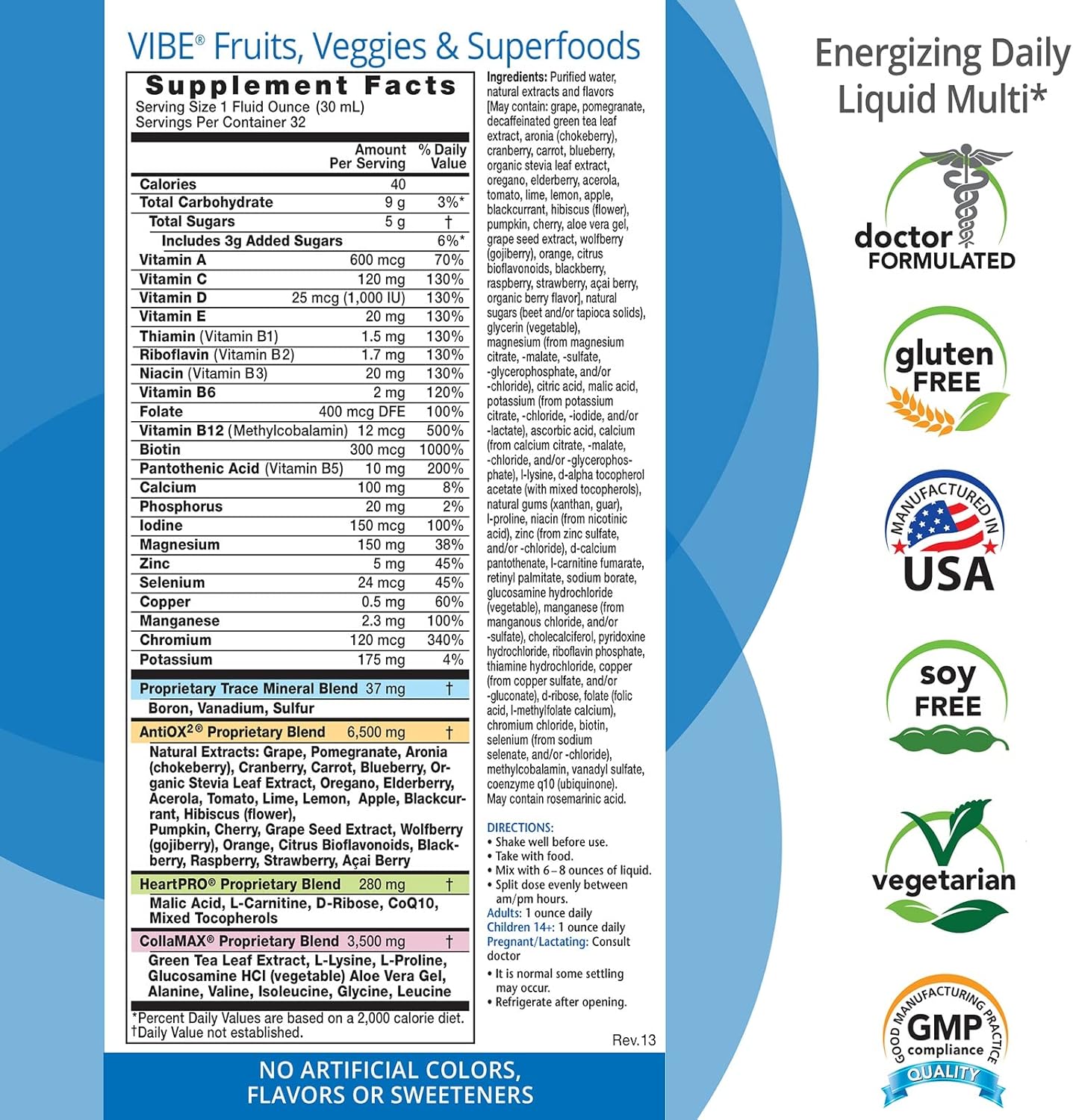 Eniva Health Vibe Liquid Multivitamin Mineral Supplement with Amino Acids - Fruits & Veggies, Doctor Formulated, 32 oz Bottle, USA Made