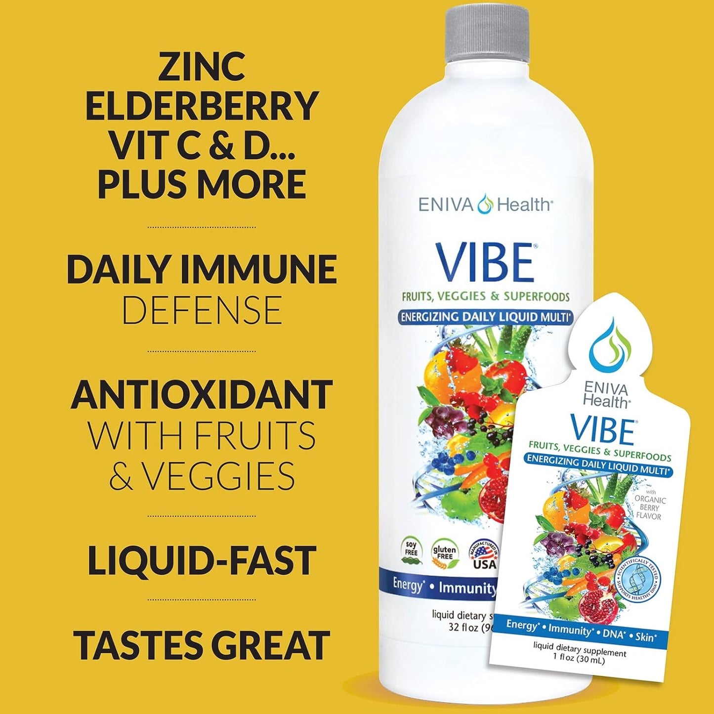 Eniva Health Vibe Liquid Multivitamin Mineral Supplement with Amino Acids - Fruits & Veggies, Doctor Formulated, 32 oz Bottle, USA Made