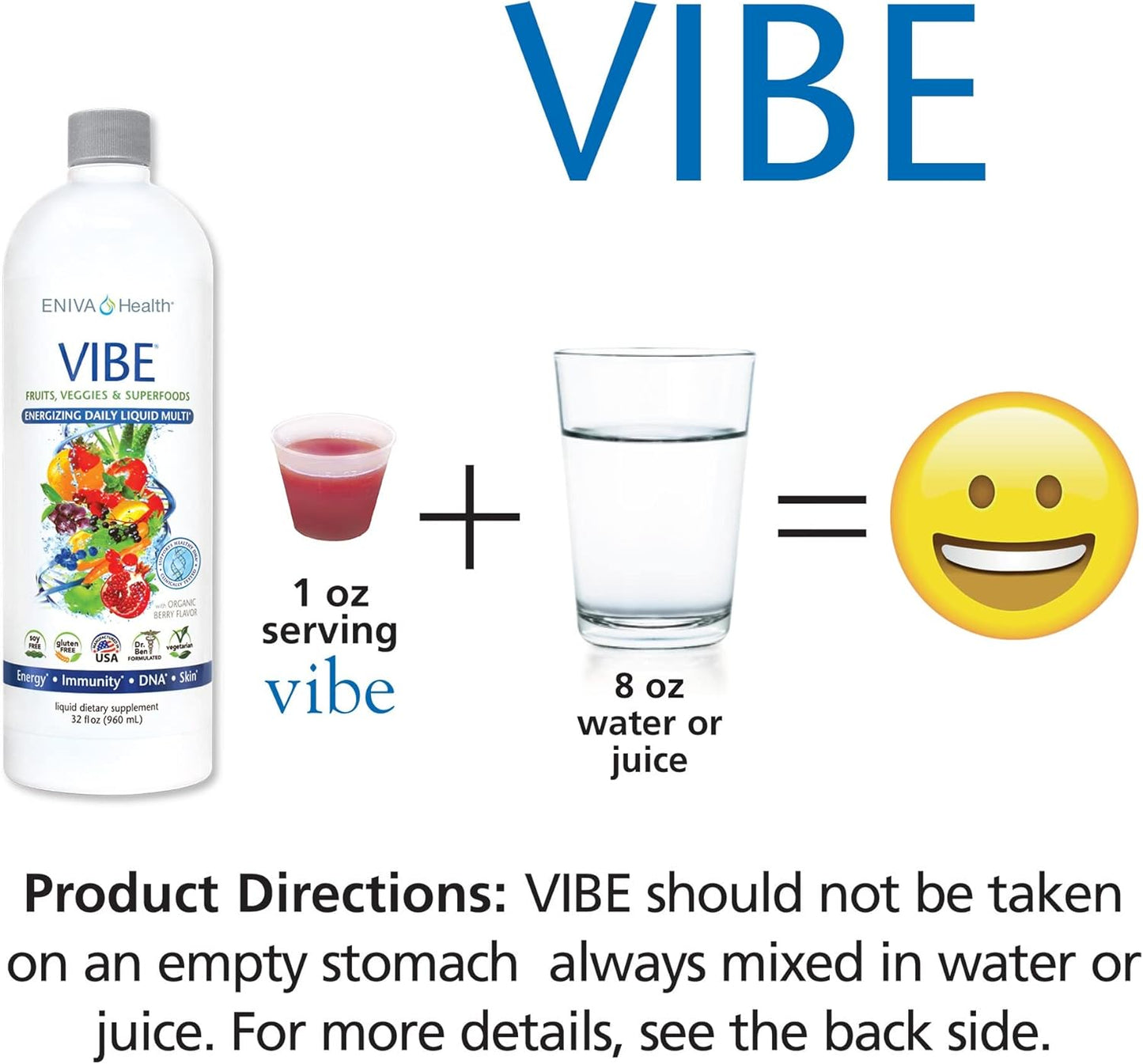 Eniva Health Vibe Liquid Multivitamin Mineral Supplement with Amino Acids - Fruits & Veggies, Doctor Formulated, 32 oz Bottle, USA Made