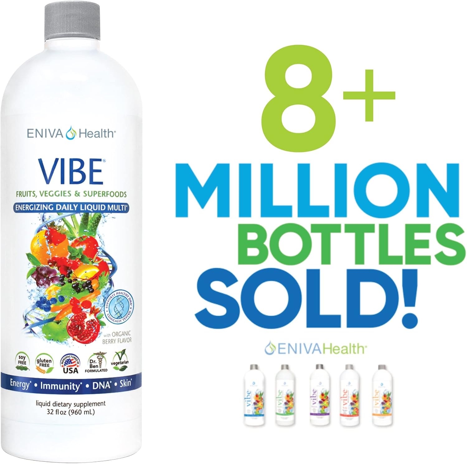 Eniva Health Vibe Liquid Multivitamin Mineral Supplement with Amino Acids - Fruits & Veggies, Doctor Formulated, 32 oz Bottle, USA Made