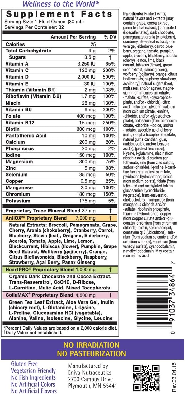 Eniva Vibe Fusion Liquid Multivitamin with Elderberry, Zinc, VIT C, and VIT D for Immunity and Energy Support in Chocolate Cherry Flavor - 32 oz Bottle