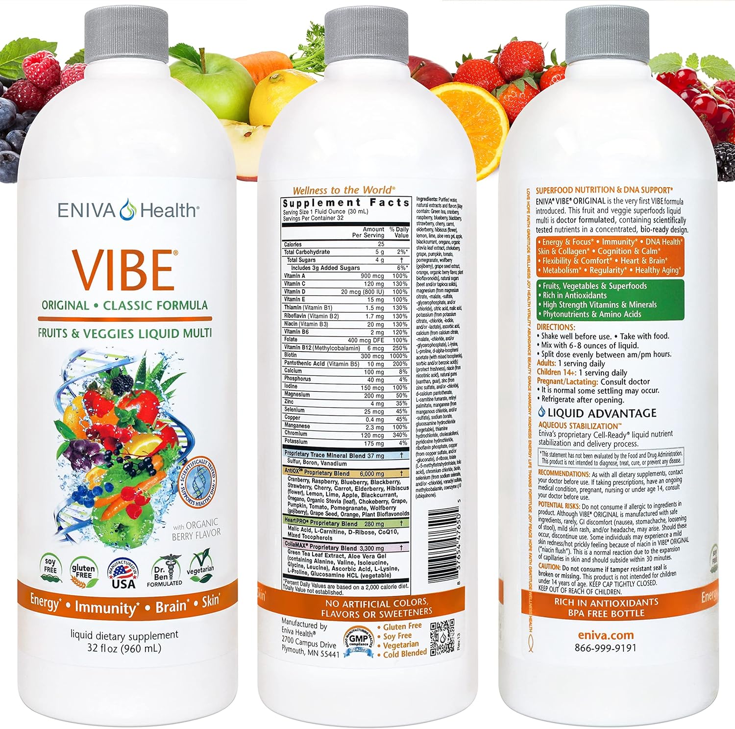 Eniva Vibe Original Liquid Mineral Supplement - Full Spectrum Multivitamin - Whole Body Nutrition - Doctor Formulated - 32 oz