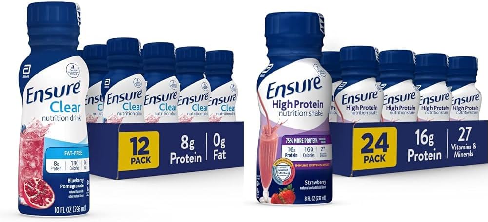 Ensure Clear Liquid Nutrition Drink, Blueberry Pomegranate Flavor, 0g Fat, 8g Protein, 10 Fl Oz Bottle (Pack of 12), Gluten-Free + Ensure High Protein Strawberry Shake, 24 Pack