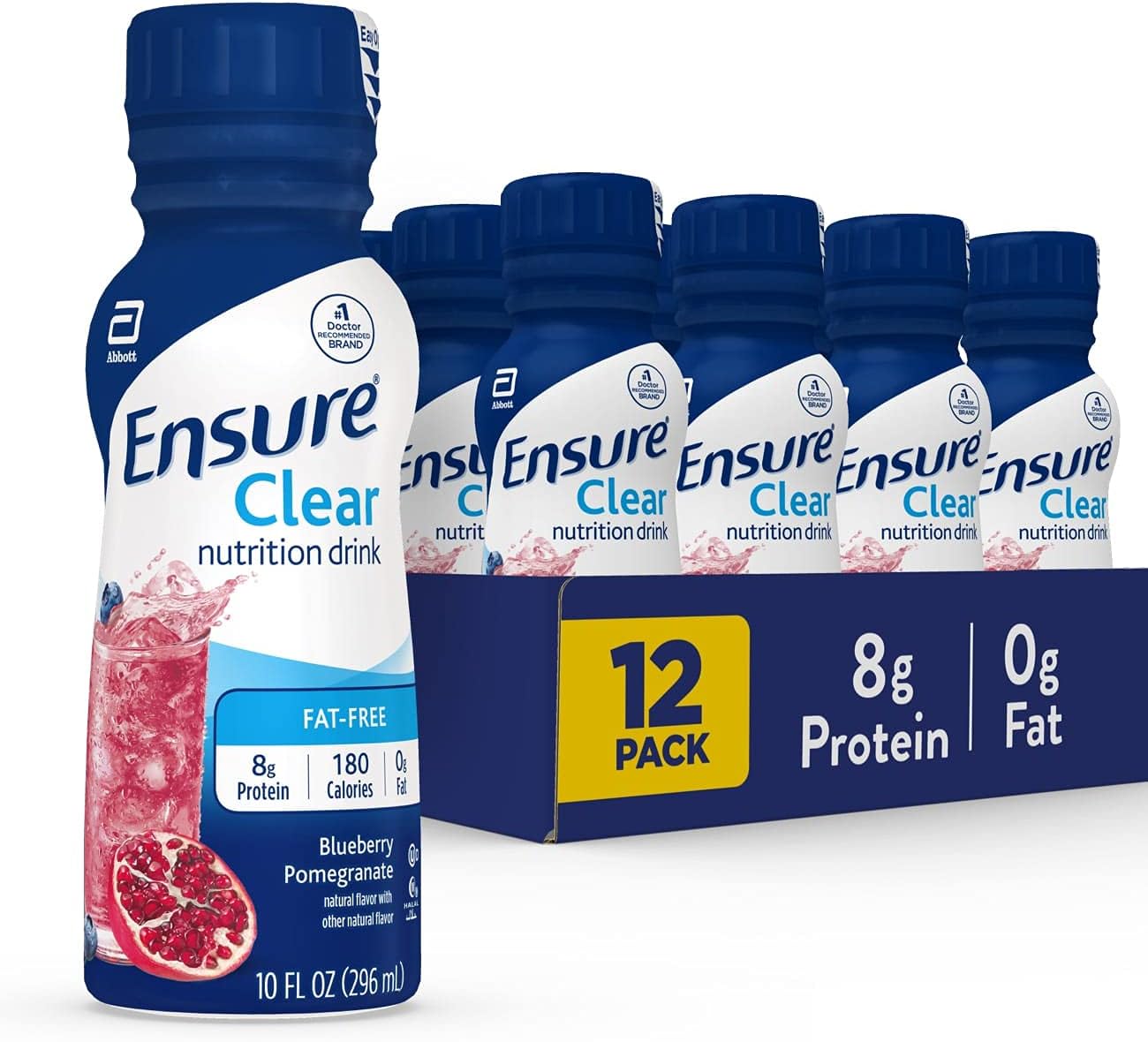 Ensure Clear Liquid Nutrition Drink, Blueberry Pomegranate Flavor, 0g Fat, 8g Protein, 10 Fl Oz Bottle (Pack of 12), Gluten-Free + Ensure High Protein Strawberry Shake, 24 Pack