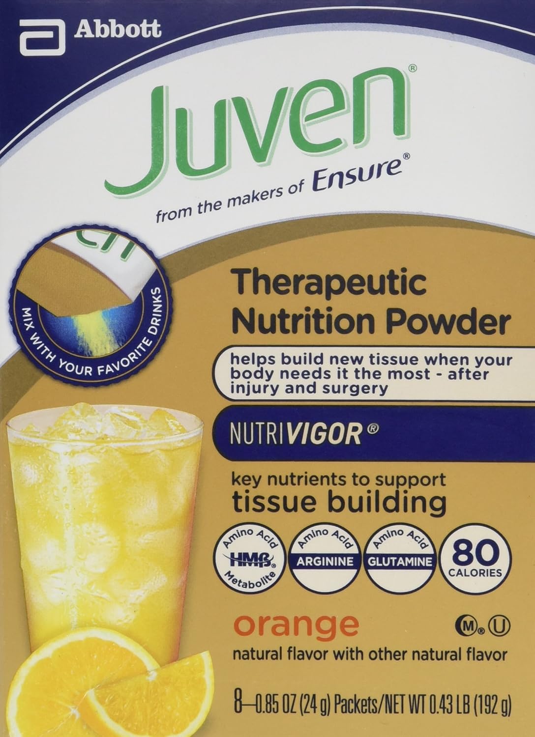 Ensure Juven Therapeutic Nutrition Powder Orange Flavor 8 Packets 0.85 oz Each - Complete Nutrition Supplement